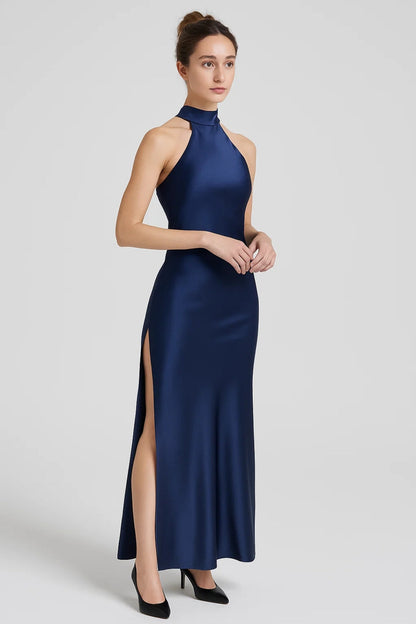 Women’s Halter Neck Maxi Dress – Elegant Sleeveless Silhouette with Side Slit and Tie-Back Closure