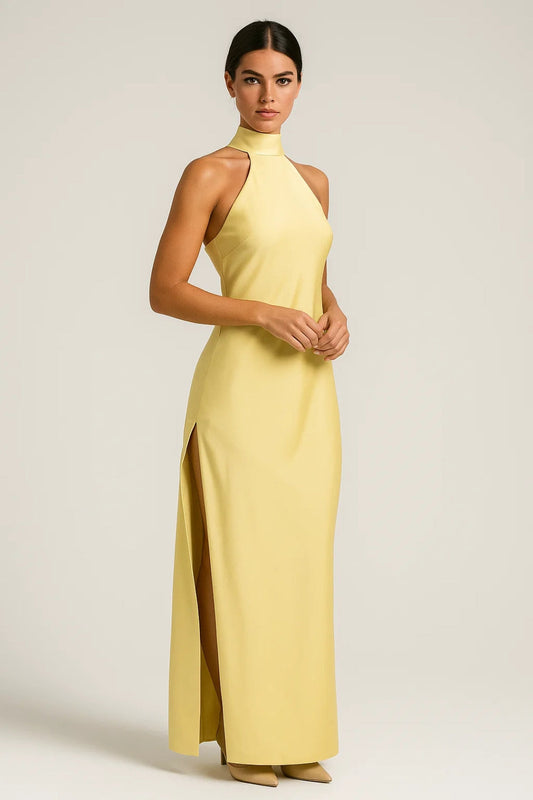 Women’s Halter Neck Maxi Dress – Elegant Sleeveless Silhouette with Side Slit and Tie-Back Closure