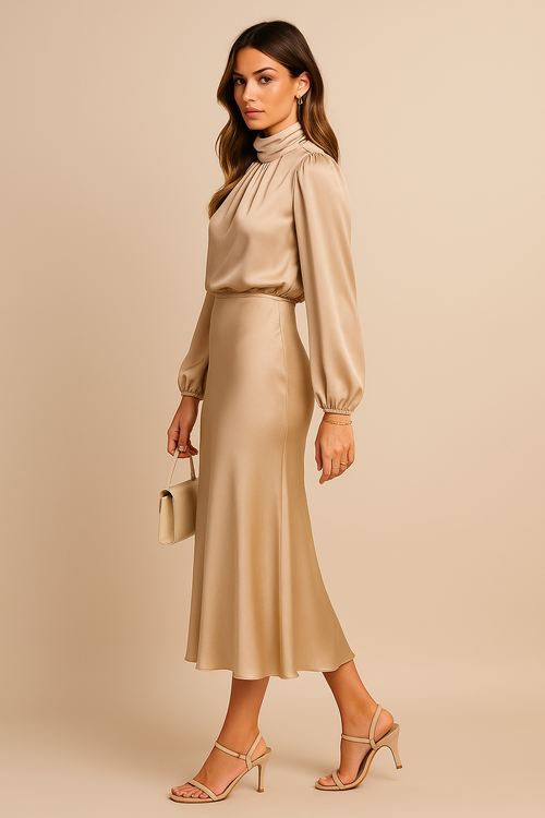 Women’s High Neck Midi Dress – Elegant High Waist Silhouette