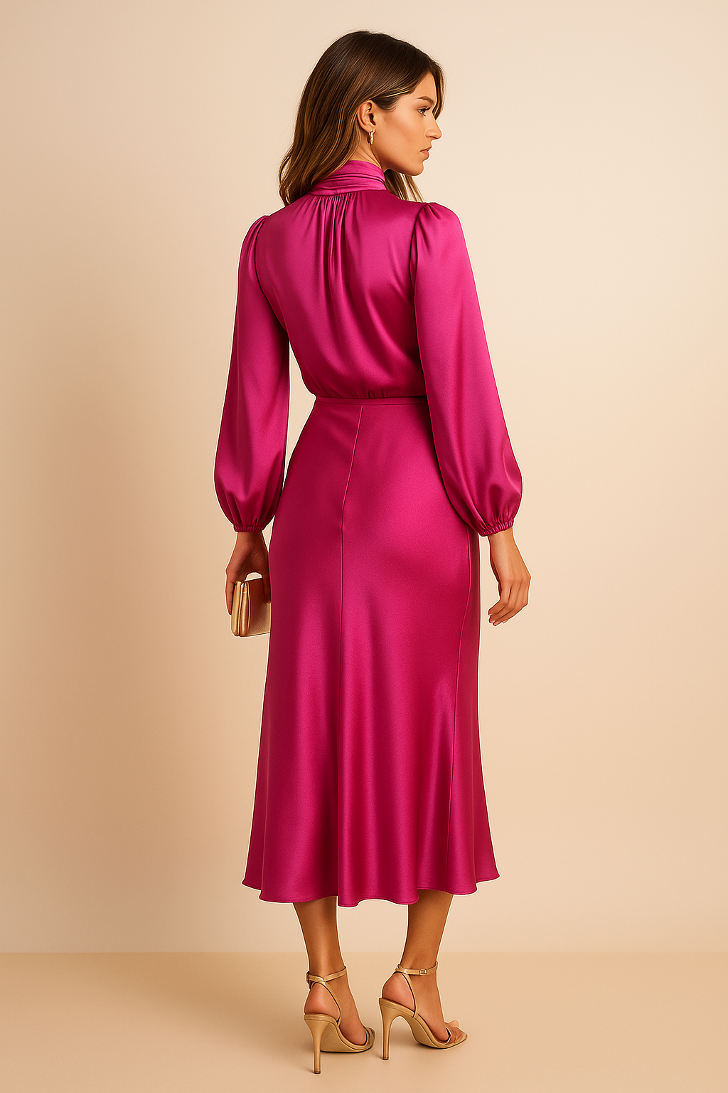 Women’s High Neck Midi Dress – Elegant High Waist Silhouette