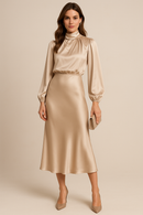 Women’s High Neck Midi Dress – Elegant High Waist Silhouette