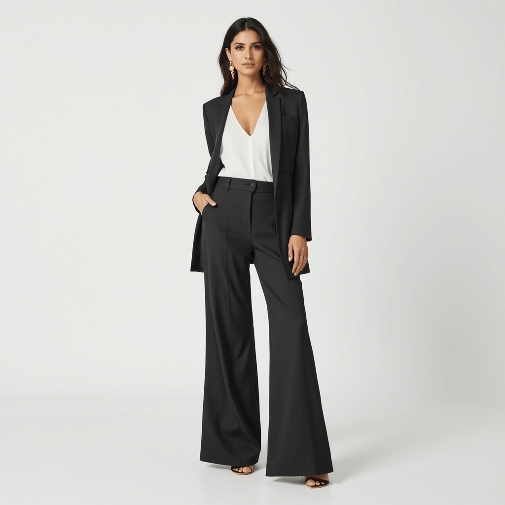 Women’s High-Waist Pinstripe Wide-Leg Trousers – Elegant Office Style