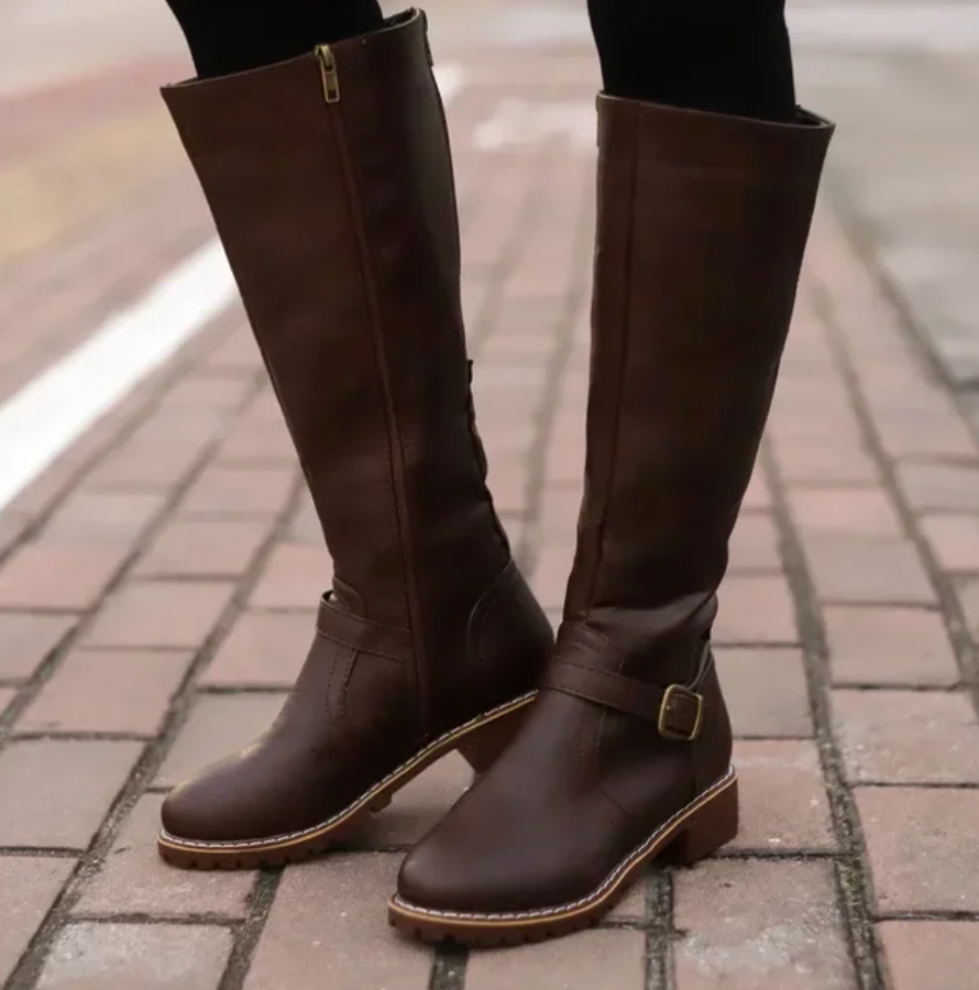Women’s Knee-High Boots – Classic Buckle Strap Design
