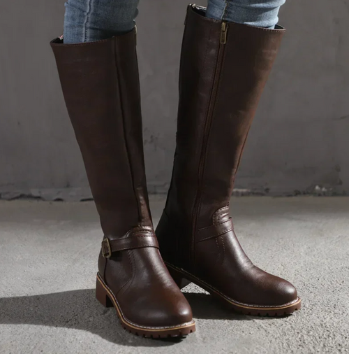 Women’s Knee-High Boots – Classic Buckle Strap Design