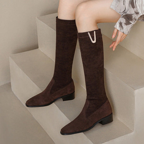 Women’s Knee-High Faux Leather Boots – Soft Fit with Low Block Heel