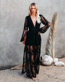 Women’s Lace Maxi Dress – Sheer Floral Design – Deep V-Neck – Long Sleeve – Side Slit