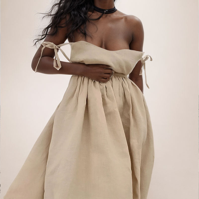 Women’s Linen Midi Dress – V-Neck – Open Back – Adjustable Tie Straps – Side Slit