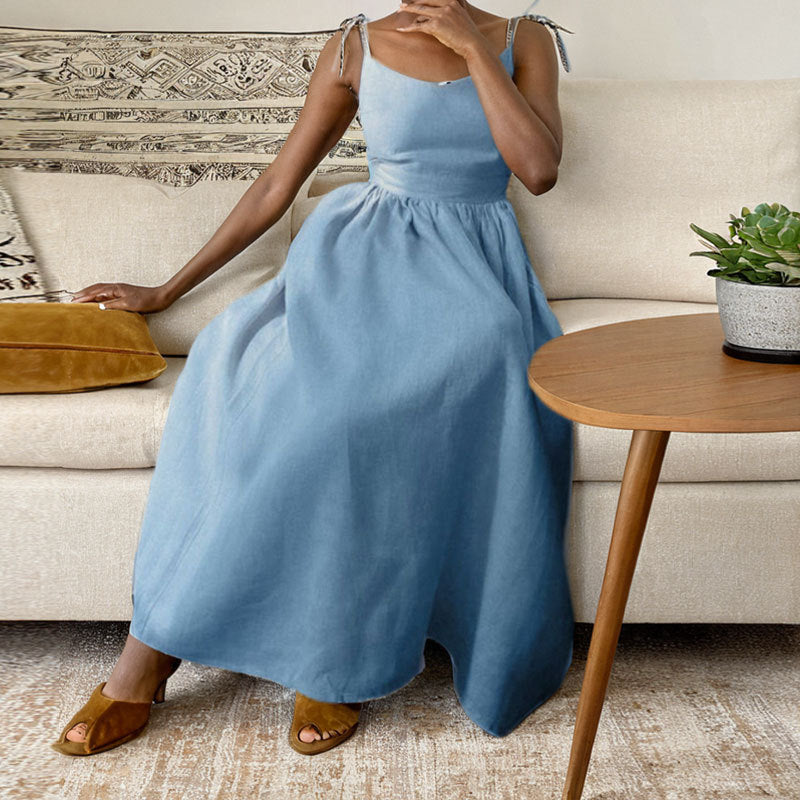 Women’s Linen Midi Dress – V-Neck – Open Back – Adjustable Tie Straps – Side Slit