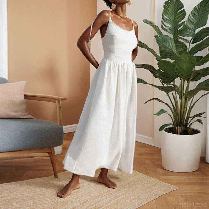 Women’s Linen Midi Dress – V-Neck – Open Back – Adjustable Tie Straps – Side Slit