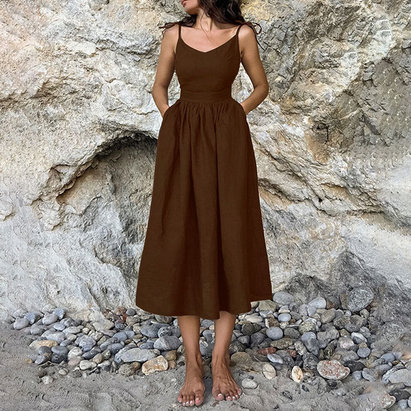 Women’s Linen Midi Dress – V-Neck – Open Back – Adjustable Tie Straps – Side Slit