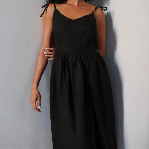 Women’s Linen Midi Dress – V-Neck – Open Back – Adjustable Tie Straps – Side Slit