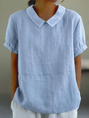 Women’s Linen Short Sleeve Blouse – Regular Fit – Peter Pan Collar