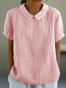 Women’s Linen Short Sleeve Blouse – Regular Fit – Peter Pan Collar