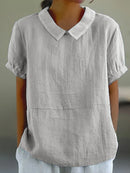 Women’s Linen Short Sleeve Blouse – Regular Fit – Peter Pan Collar