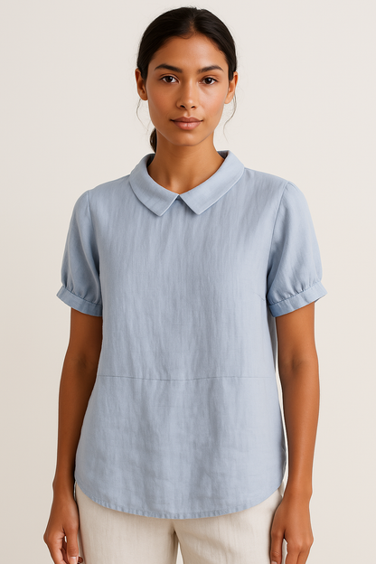 Women’s Linen Short Sleeve Blouse – Regular Fit – Peter Pan Collar