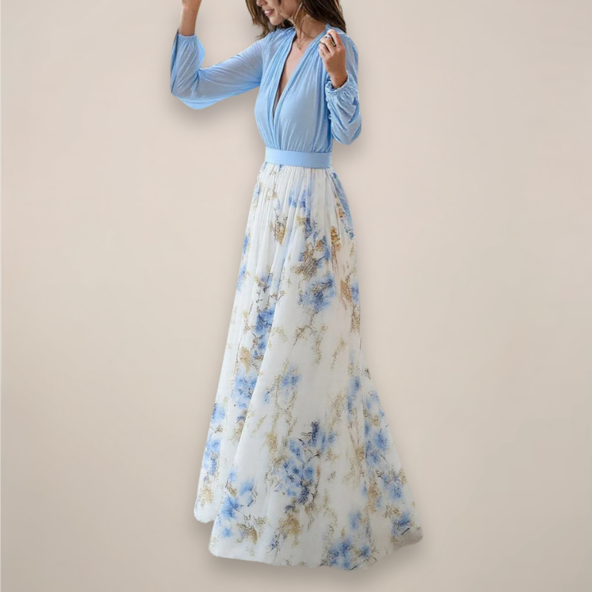 Women’s Long Sleeves Floral Maxi Dress – V-Neck Elegance