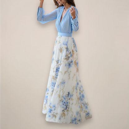 Women’s Long Sleeves Floral Maxi Dress – V-Neck Elegance