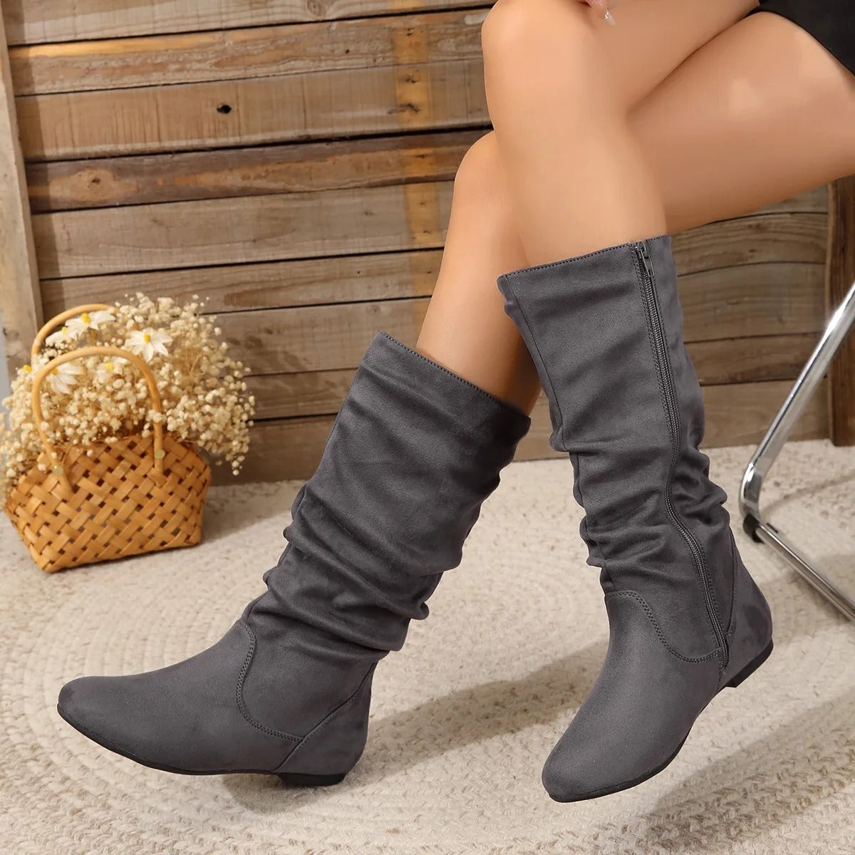 Women’s Mid-Calf Slouch Boots – Flat Sole, Side Zip