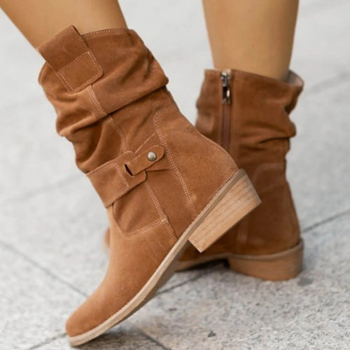 Women’s Mid-Calf Slouch Boots with Buckle Strap – Fall Casual Footwear