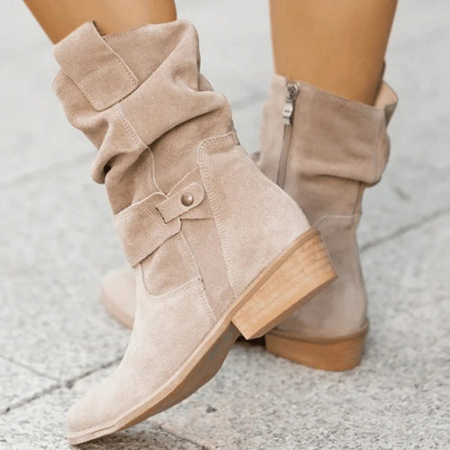 Women’s Mid-Calf Slouch Boots with Buckle Strap – Fall Casual Footwear