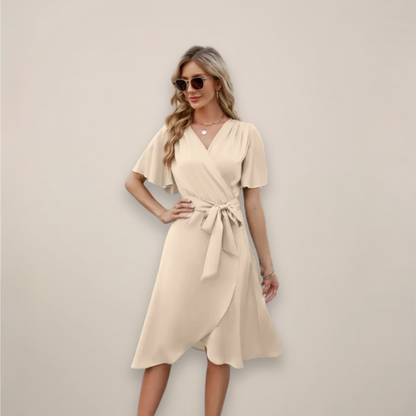Women’s Midi Wrap Dress with Tie Detail – Elegant V-Neck Silhouette