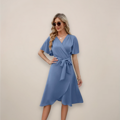 Women’s Midi Wrap Dress with Tie Detail – Elegant V-Neck Silhouette