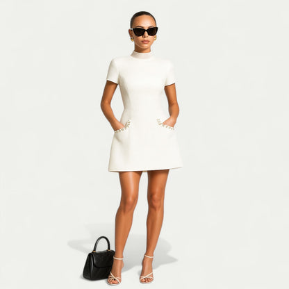 Women’s Mini Dress with Pearl Trim and Pocket Detailing