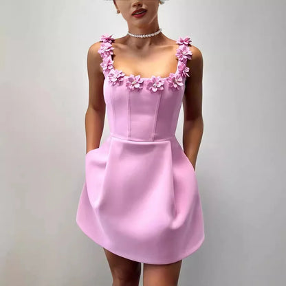 Women’s Mini Sheath Dress – Square Neck with Floral Detail