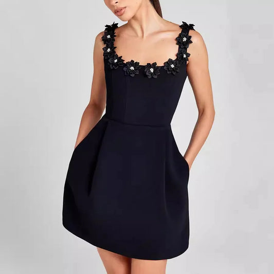 Women’s Mini Sheath Dress – Square Neck with Floral Detail