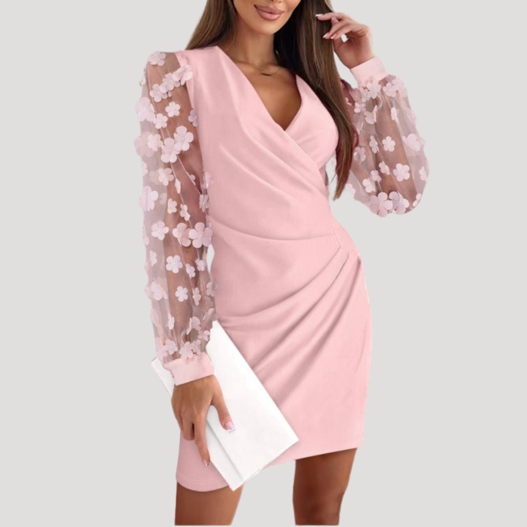 Women’s Mini Wrap Dress – Sheer Chiffon Sleeves & V-Neck