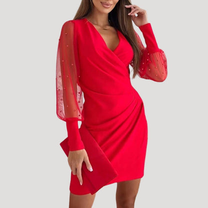 Women’s Mini Wrap Dress – Sheer Chiffon Sleeves & V-Neck