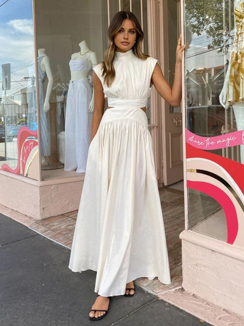 Women’s Mock Neck Maxi Dress – Sleeveless Romantic Style for Work, Holidays, and Parties