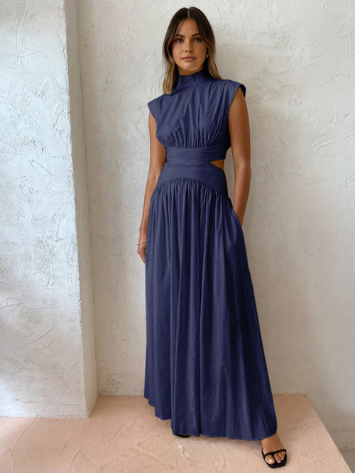 Women’s Mock Neck Maxi Dress – Sleeveless Romantic Style for Work, Holidays, and Parties