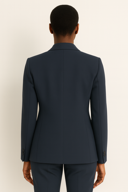 Women’s Navy Blue Trouser Suit – Beige Tailored Blazer & Straight-Leg Trousers