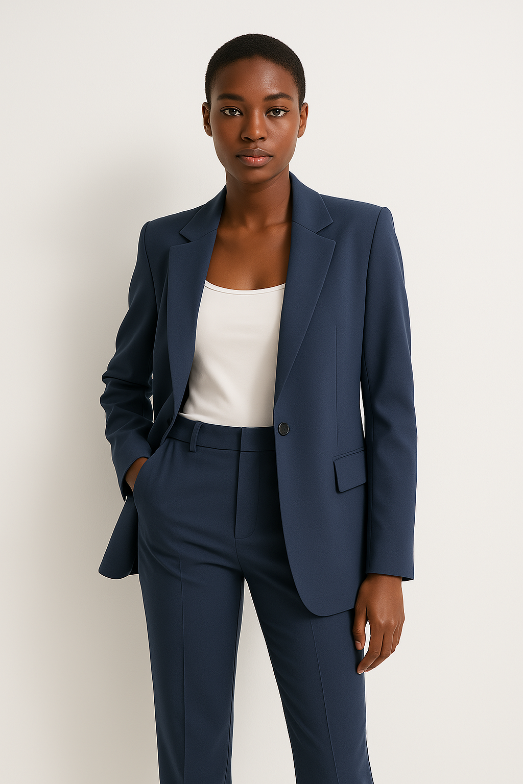 Women’s Navy Blue Trouser Suit – Beige Tailored Blazer & Straight-Leg Trousers