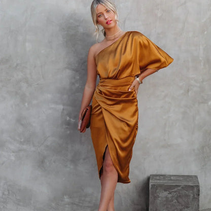 Women’s One Shoulder Mini Dress – Satin Wrap Style for Elegant Occasions