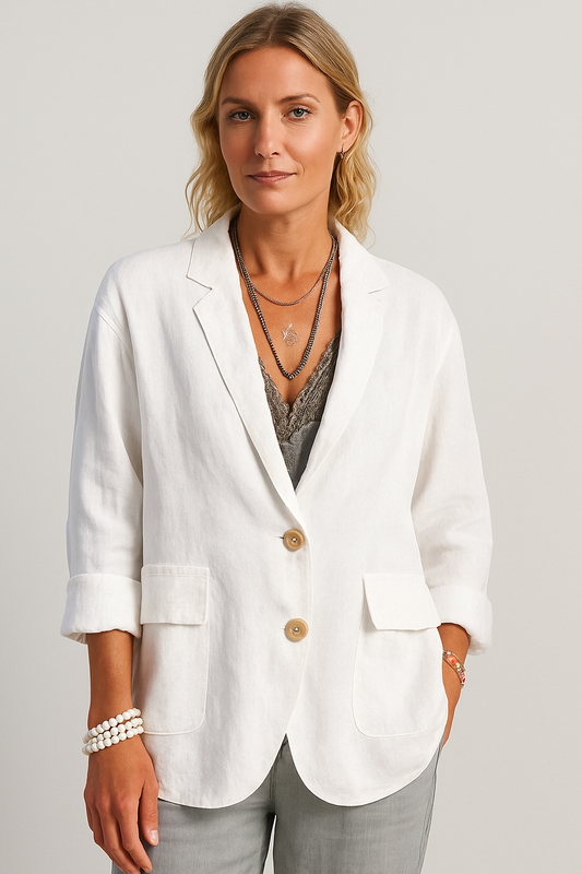 Women’s Oversized Relaxed Blazer – White Two-Button Design