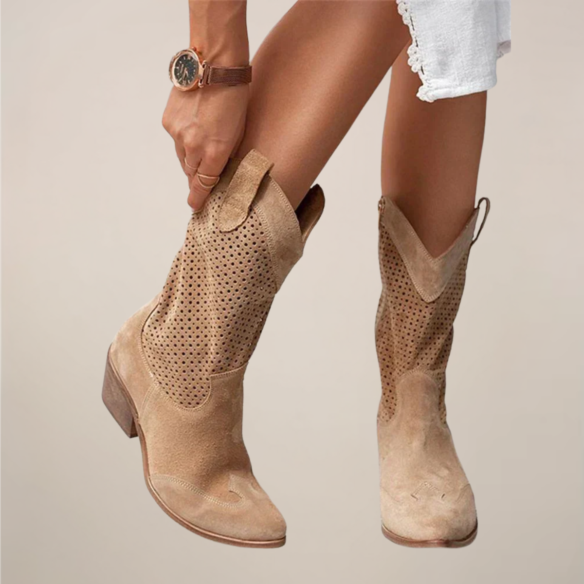 Women’s Perforated Western Mid-Calf Boots - Breathable Dots Design