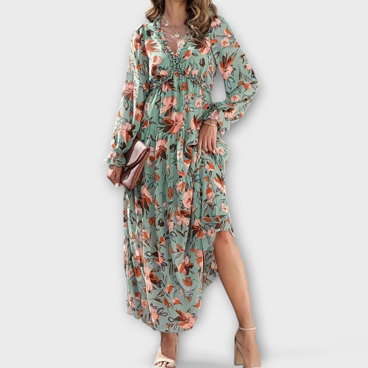 Women’s Pleated Long Sleeves V-Neck Floral Maxi Dress – Elegant Holiday Dress