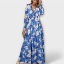 Women’s Pleated Long Sleeves V-Neck Floral Maxi Dress – Elegant Holiday Dress