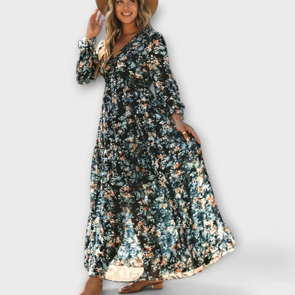 Women’s Pleated Long Sleeves V-Neck Floral Maxi Dress – Elegant Holiday Dress