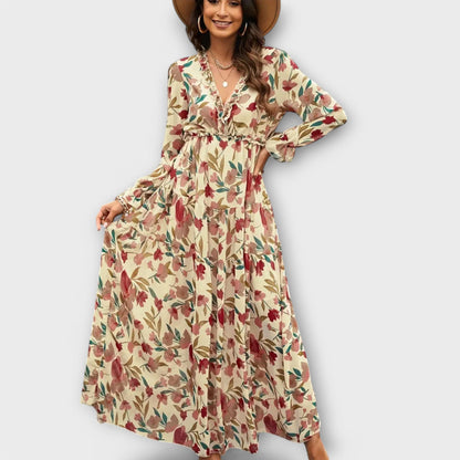 Women’s Pleated Long Sleeves V-Neck Floral Maxi Dress – Elegant Holiday Dress