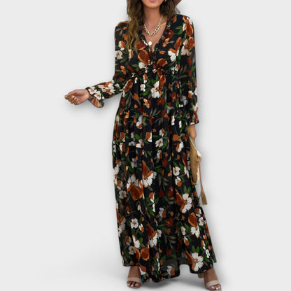 Women’s Pleated Long Sleeves V-Neck Floral Maxi Dress – Elegant Holiday Dress