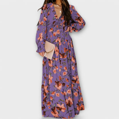 Women’s Pleated Long Sleeves V-Neck Floral Maxi Dress – Elegant Holiday Dress