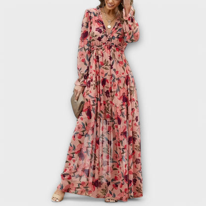 Women’s Pleated Long Sleeves V-Neck Floral Maxi Dress – Elegant Holiday Dress