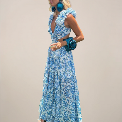 Women’s Plunging V-Neck Ruffled Sleeves Maxi Dress with Cut-Out Waist and High Slit
