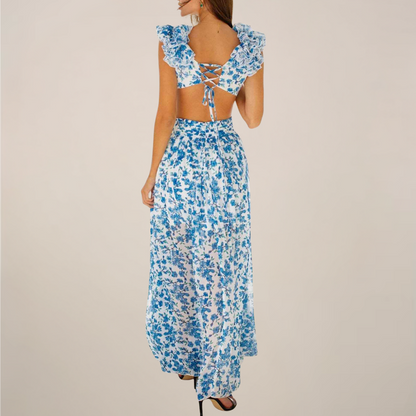 Women’s Plunging V-Neck Ruffled Sleeves Maxi Dress with Cut-Out Waist and High Slit