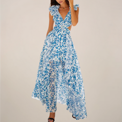 Women’s Plunging V-Neck Ruffled Sleeves Maxi Dress with Cut-Out Waist and High Slit