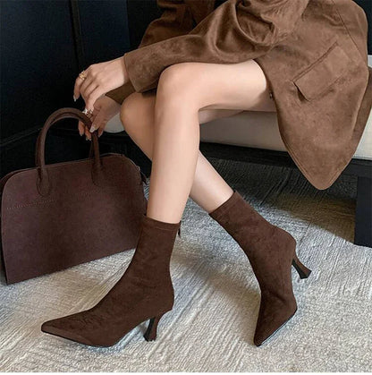 Women’s Faux Leather Sock Boots with Pointed Toe and Mid Heel – Brown Stretch Fit Ankle Boots