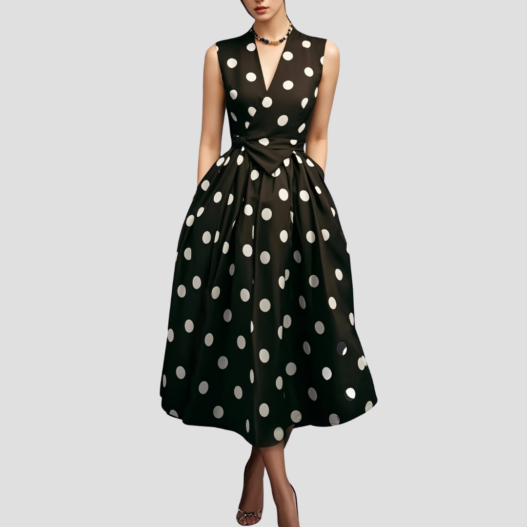 Women’s Polka Dot Midi Dress – Wrap Front, Tie Waist, Sleeveless